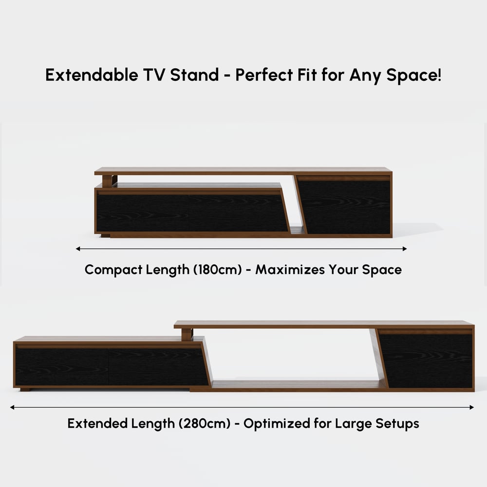 Fero Black & WalnutReversible Extendable TV Stand with 3 Drawers(71"-120") window image