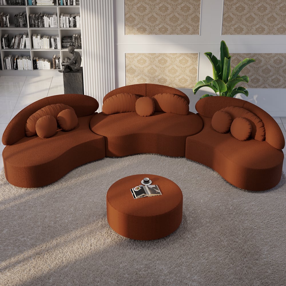 4-Piece Curved Boucle Sectional Sofa with Ottoman & Pillows window image