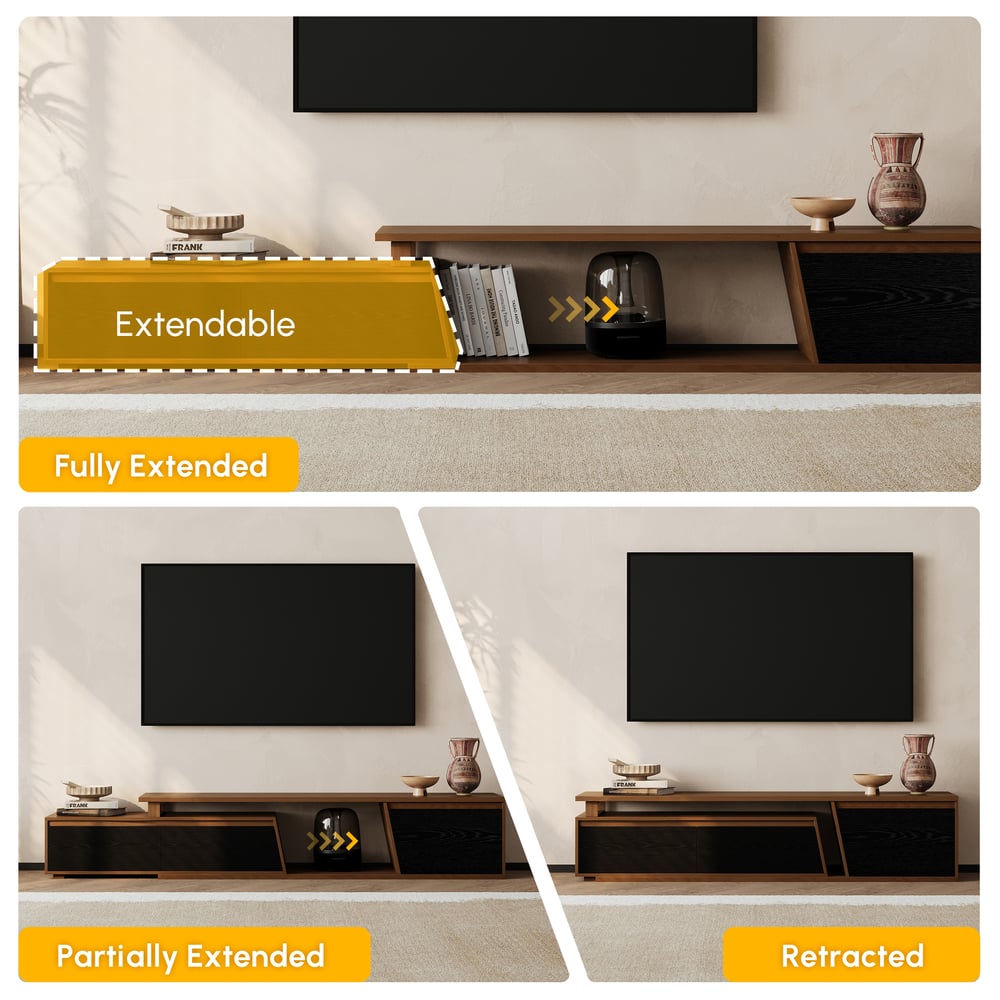 Fero Black & WalnutReversible Extendable TV Stand with 3 Drawers(71"-120") window image