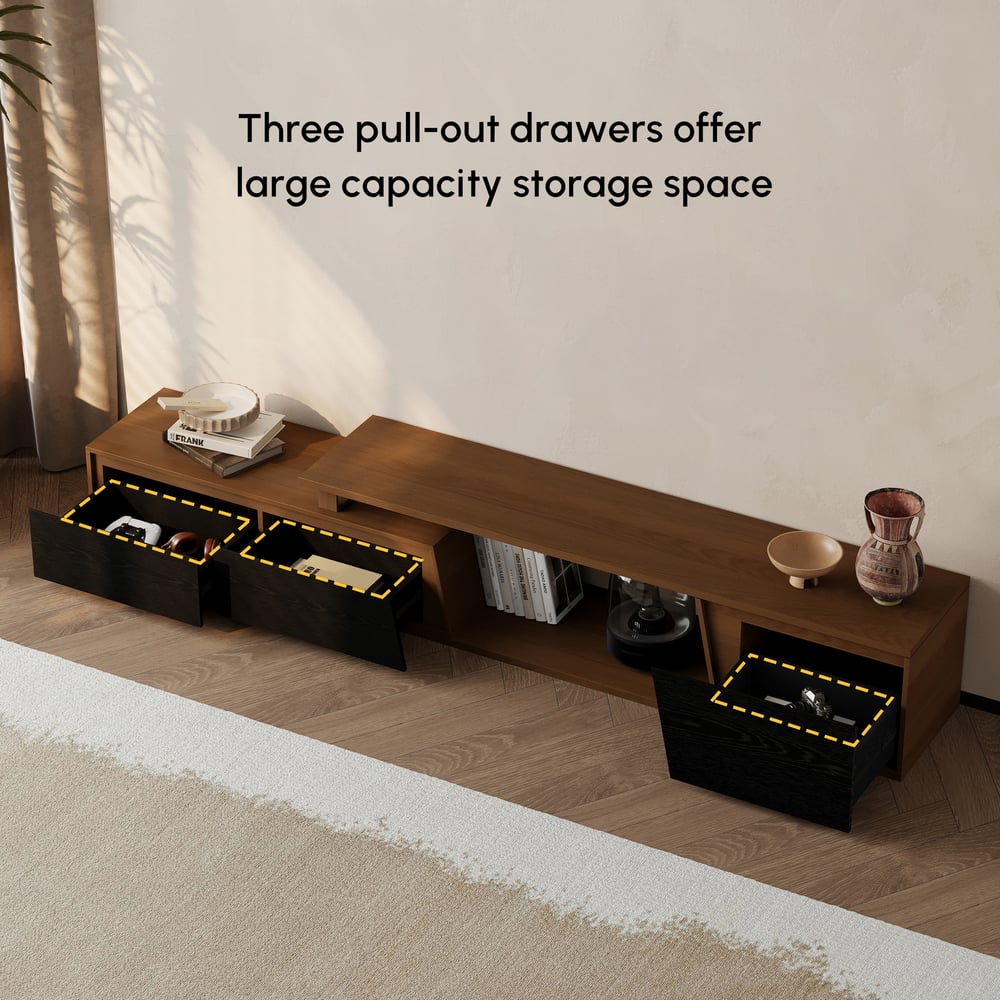 Fero Black & WalnutReversible Extendable TV Stand with 3 Drawers(71"-120") window image