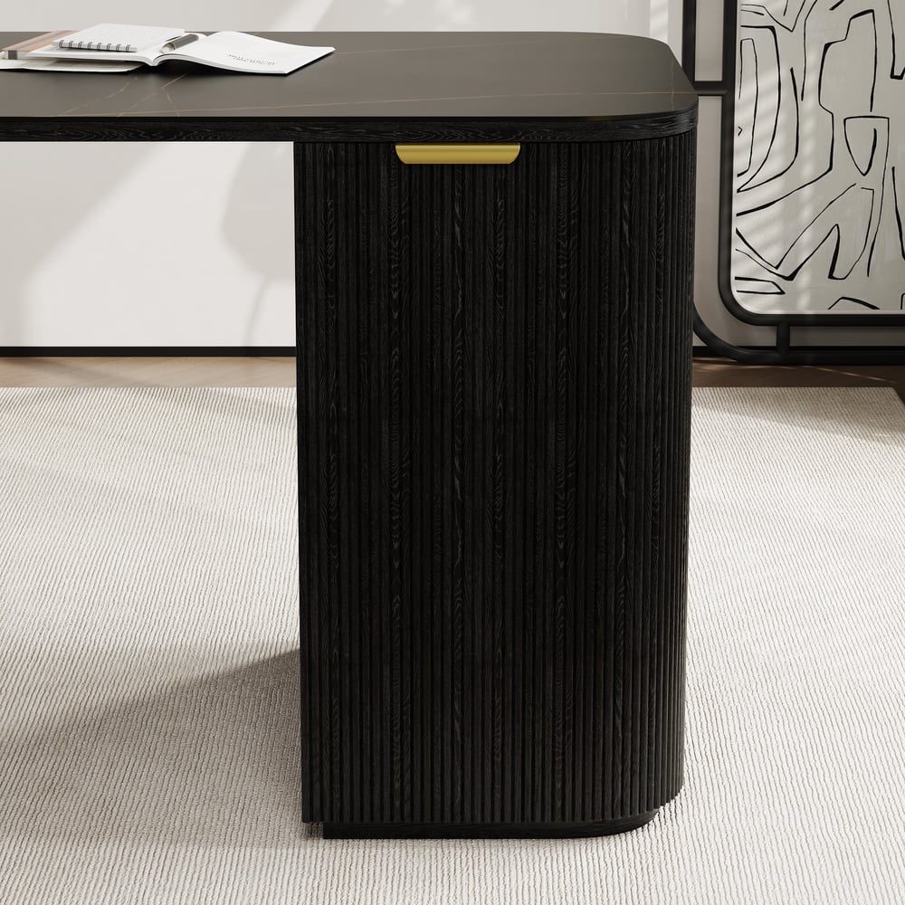 Bureau rectangulaire moderne en bois noir et pierre frittée noire mate avec 6 tiroirs (1620 mm) image de fenêtre