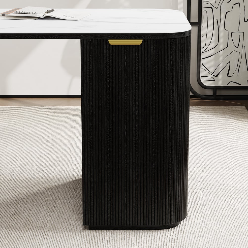 Moderner rechteckiger Schreibtisch aus schwarzem Holz und glänzendem weißem Sinterstein mit 6 Schubladen (1620 mm) Schaufensterbilder