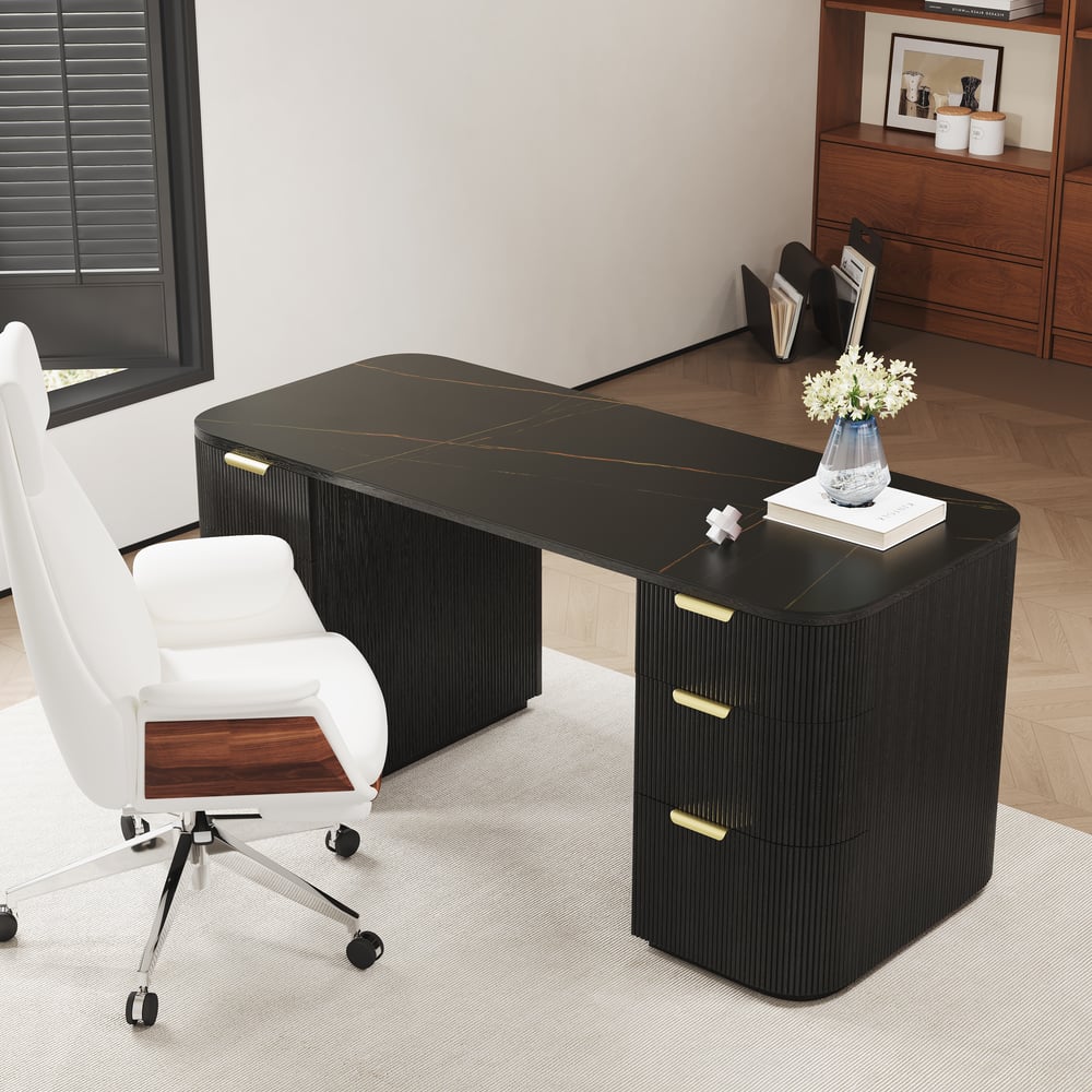 Bureau rectangulaire moderne en bois noir et pierre frittée noire mate avec 6 tiroirs (1620 mm) image de fenêtre