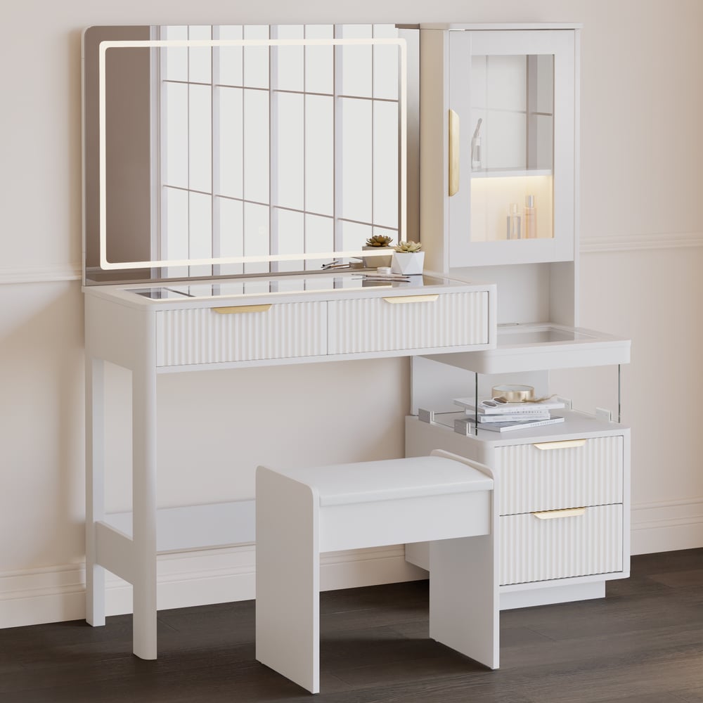 50" Fluted Makeup Vanity Set with Charger & LED Mirror window image