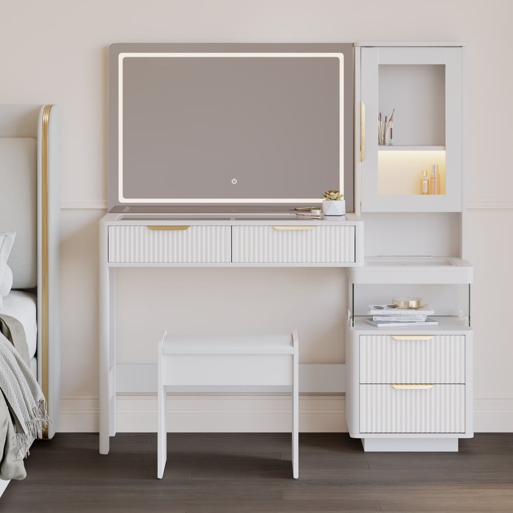 50" Fluted Makeup Vanity Set with Charger & LED Mirror window image