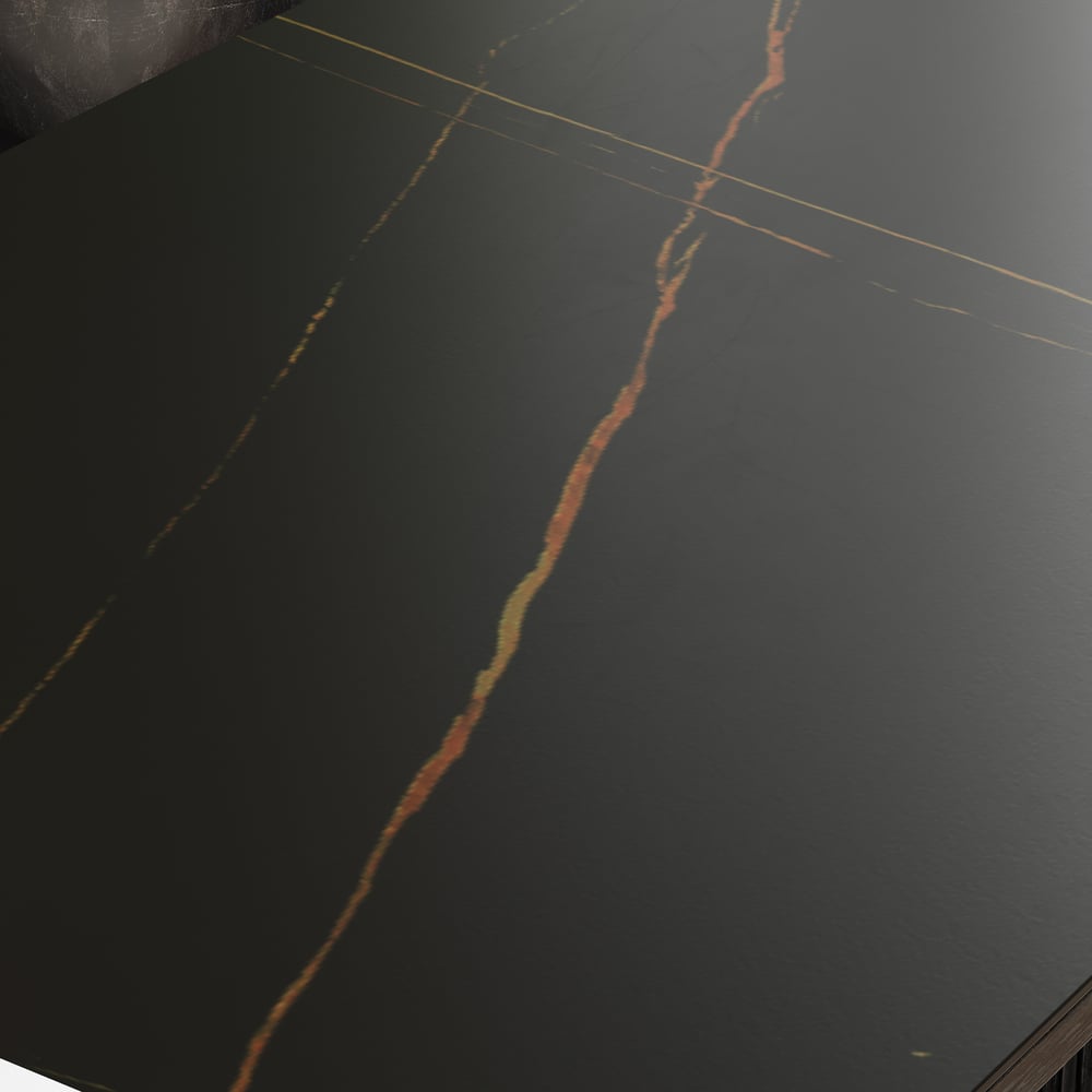 Bureau rectangulaire moderne en bois noir et pierre frittée noire mate avec 6 tiroirs (1620 mm) image de fenêtre