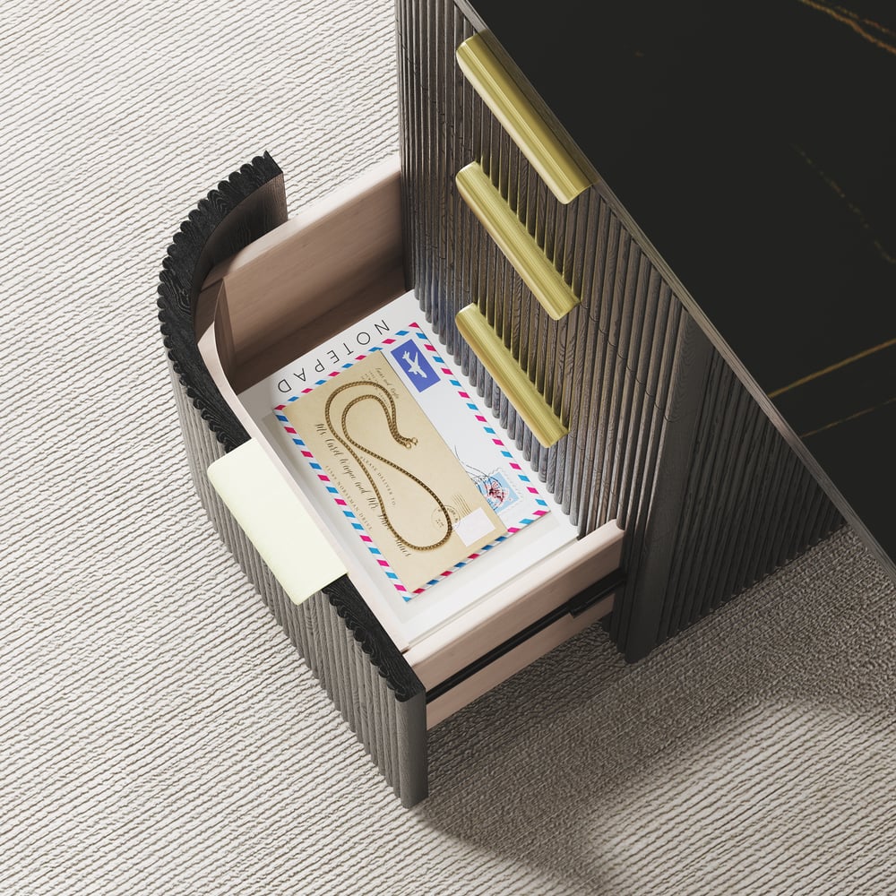 Bureau rectangulaire moderne en bois noir et pierre frittée noire mate avec 6 tiroirs (1620 mm) image de fenêtre