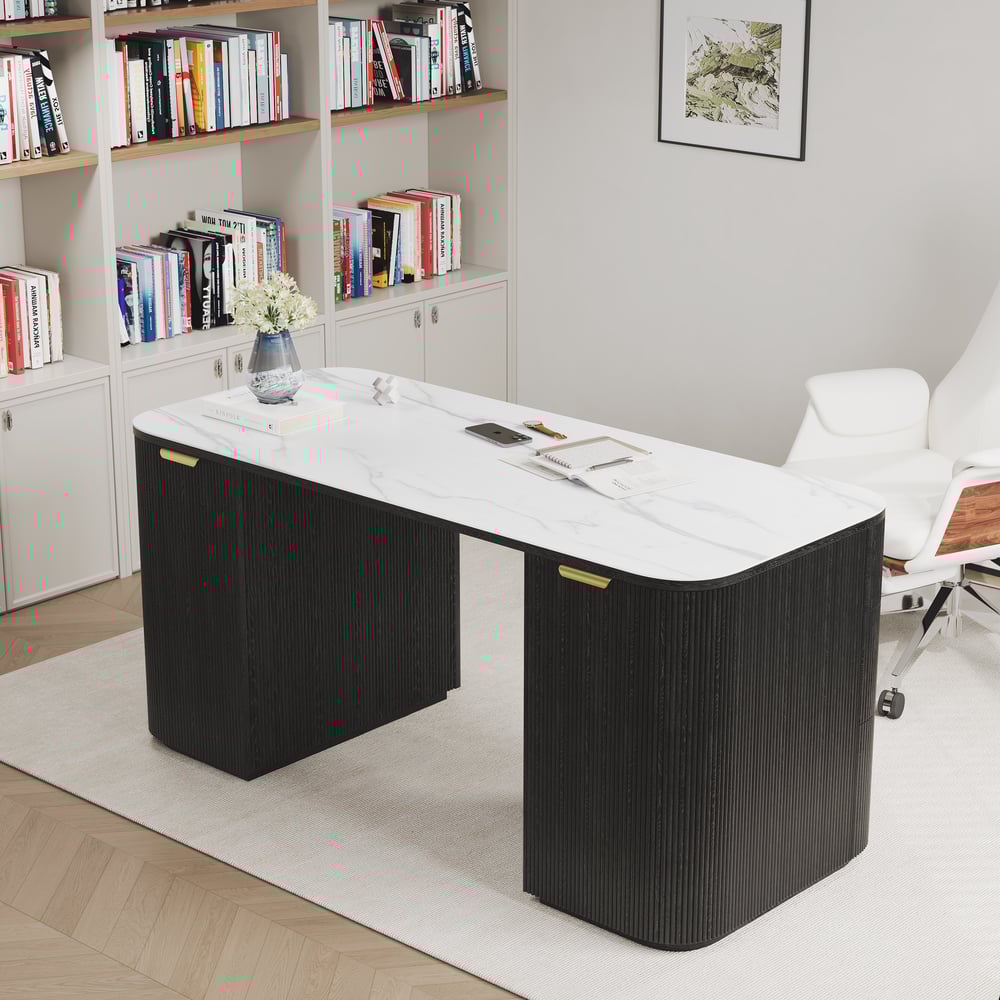 Moderner rechteckiger Schreibtisch aus schwarzem Holz und glänzendem weißem Sinterstein mit 6 Schubladen (1620 mm) Schaufensterbilder