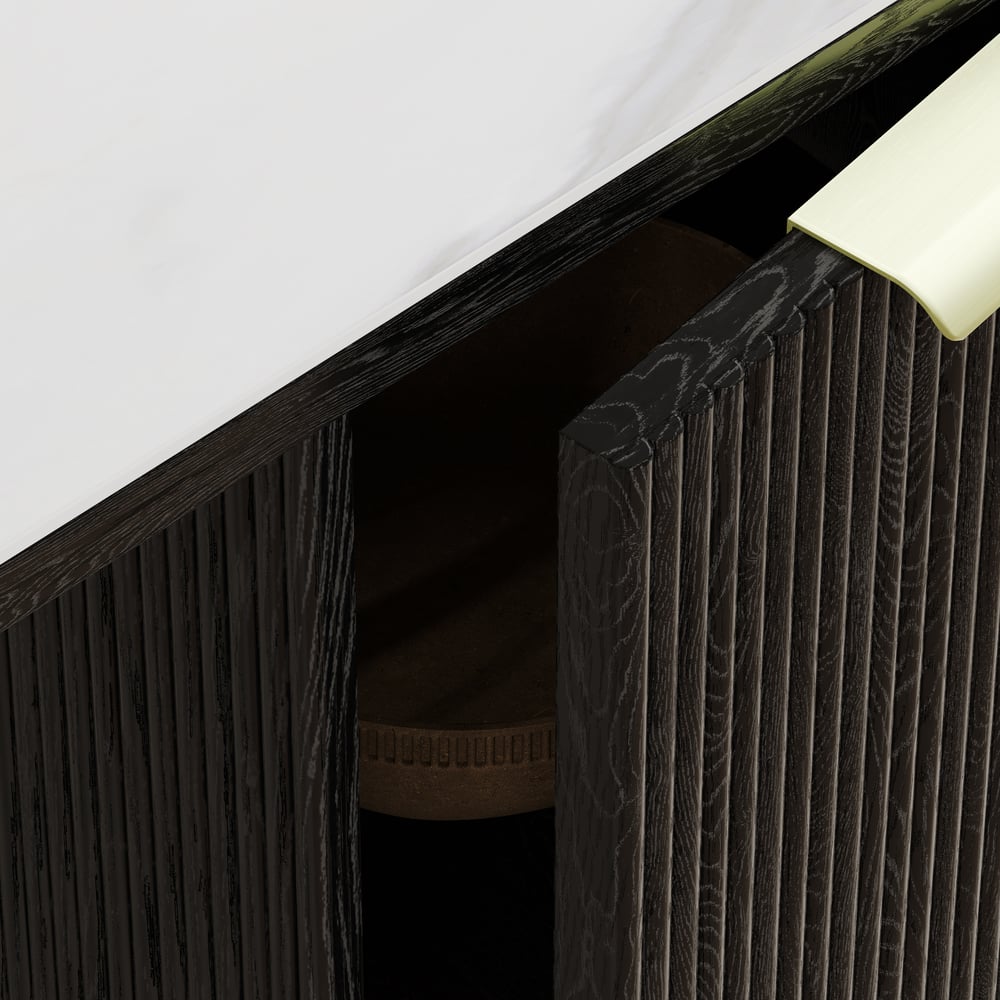 Moderner rechteckiger Schreibtisch aus schwarzem Holz und glänzendem weißem Sinterstein mit 6 Schubladen (1620 mm) Schaufensterbilder