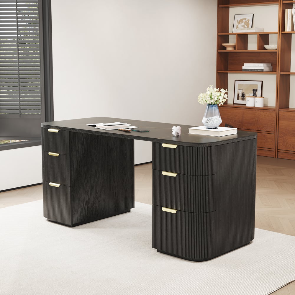 Bureau rectangulaire moderne en bois noir et pierre frittée noire mate avec 6 tiroirs (1620 mm) image de fenêtre