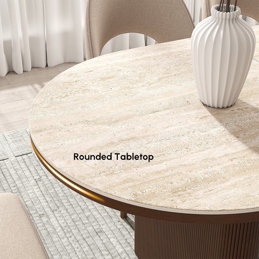 Mesa de jantar oval extensível com tampo de pedra sinterizada de 79 “a 95" Assentos de travertino fosco 6-10 Imagem da janela