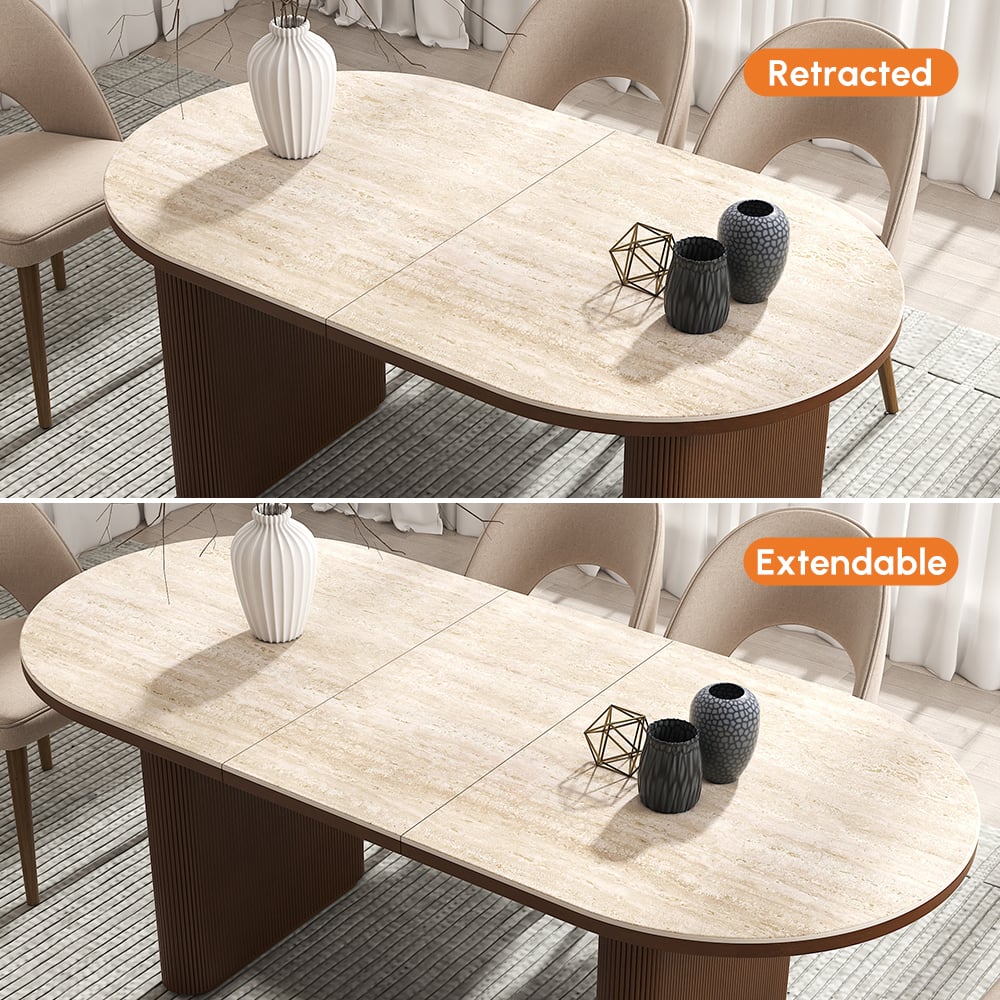 Mesa de jantar oval extensível com tampo de pedra sinterizada de 79 “a 95" Assentos de travertino fosco 6-10 Imagem da janela