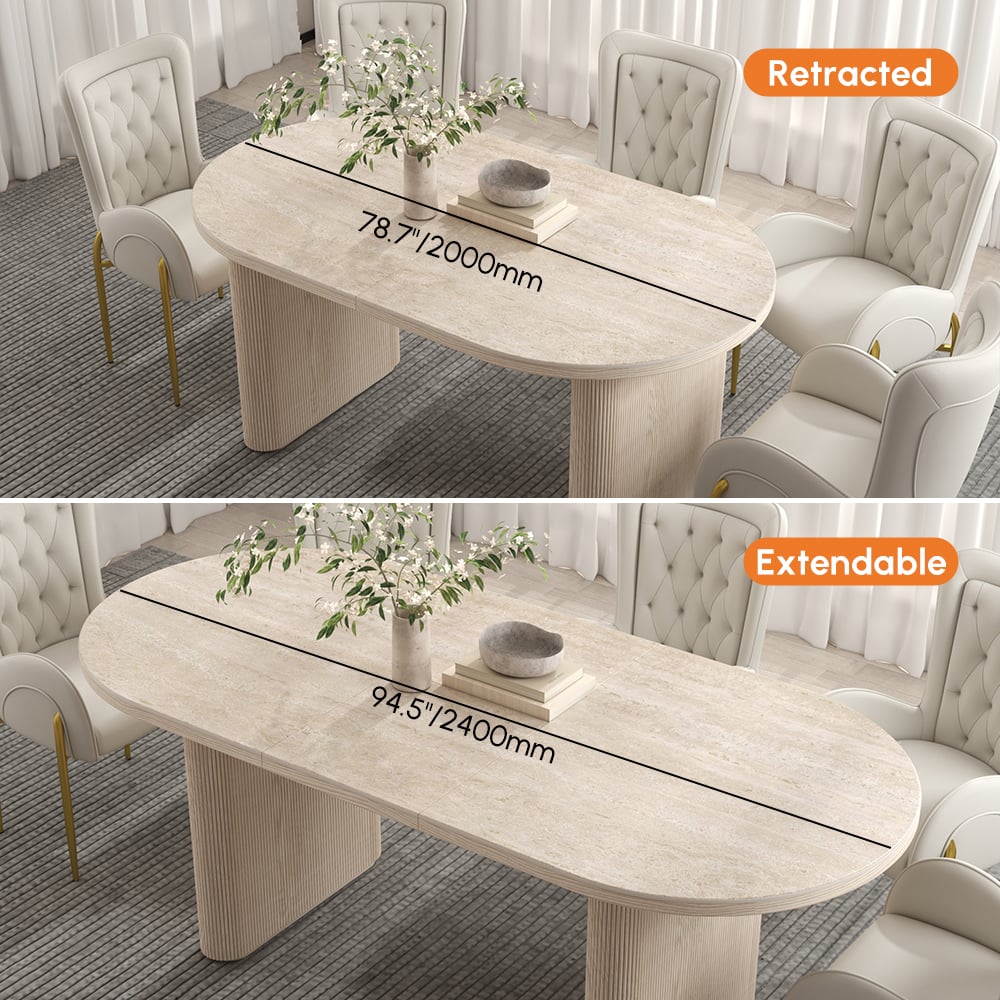 79''-95'' Oval Extendable Sintered Stone Top Dining Table Matte Travertine Seats 6-10 window image