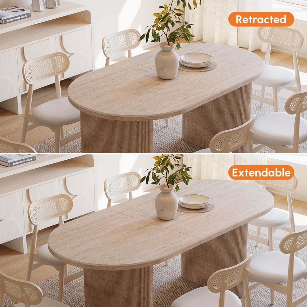 Mesa de jantar oval extensível com tampo de pedra sinterizada de 79 “a 95" Assentos de travertino fosco 6-10 Imagem da janela