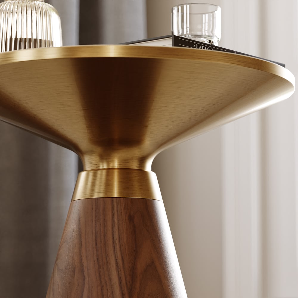 Round Walnut End Table with Travertine Top window image