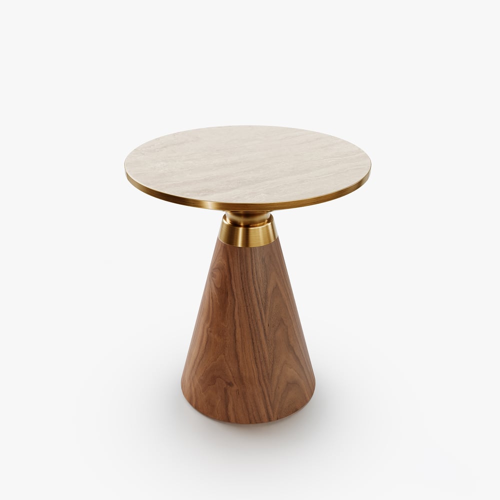 Round Walnut End Table with Travertine Top window image