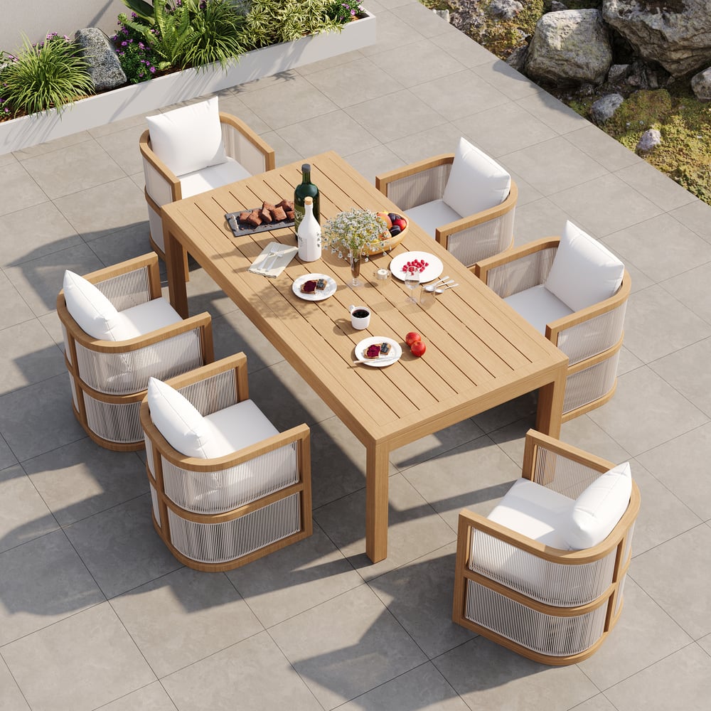 2 Pieces Modern Aluminum & Ropes Outdoor Patio Dining Chair Set in Walnut & Oatmeal window image