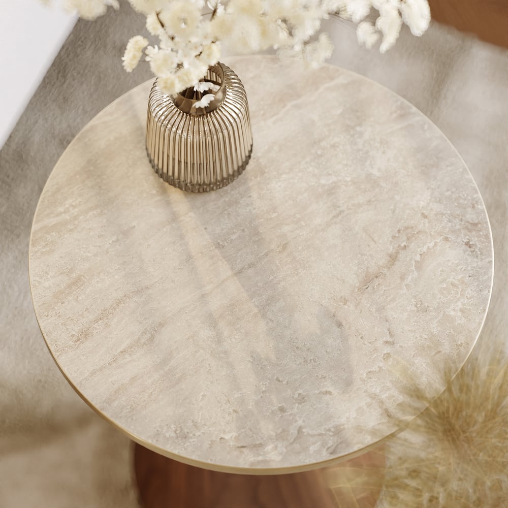Round Walnut End Table with Travertine Top window image