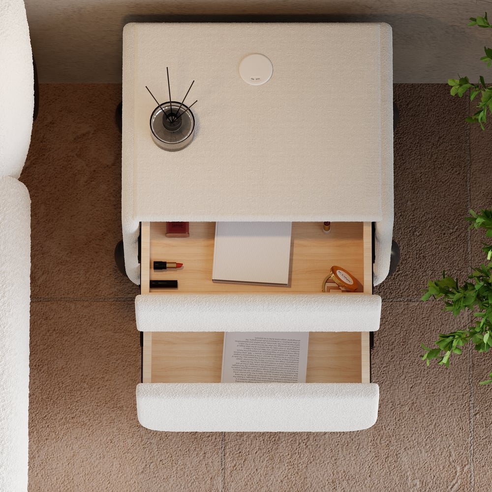 Curva 2-Drawer Smart Boucle Nightstand with Walnut Wood Legs window image