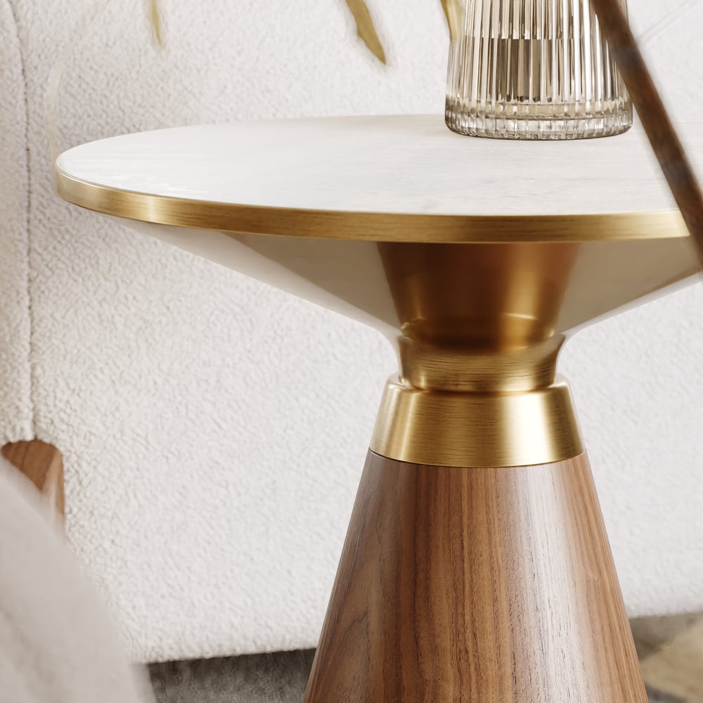 Round Walnut End Table with Travertine Top window image