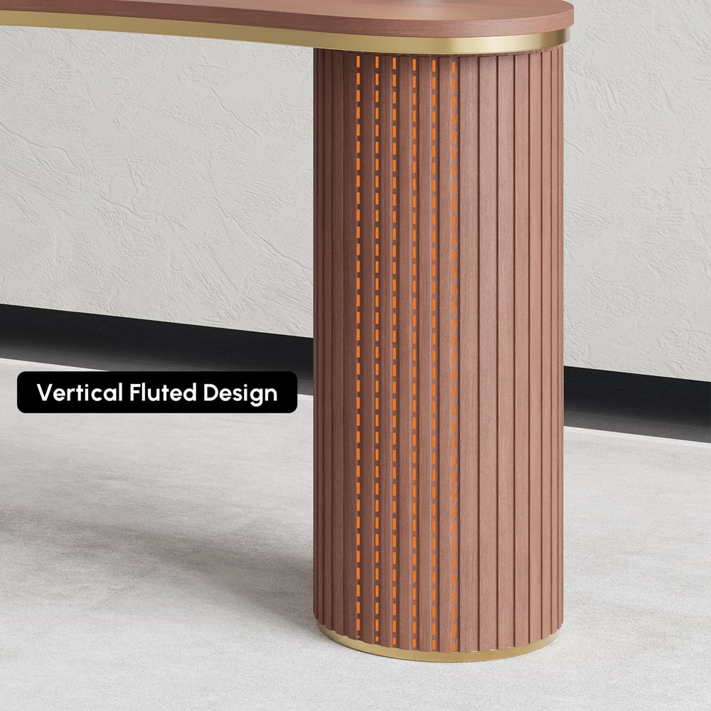 Bureau incurvé moderne en noyer de 1400 mm, 3 tiroirs, bureau à domicile en bois, double piédestal image de fenêtre