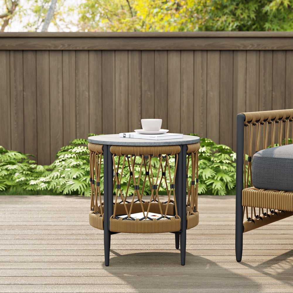 Ropipe 470mm Round Outdoor Side Table with Storage Patio Rope End Table in Dark Gray window image