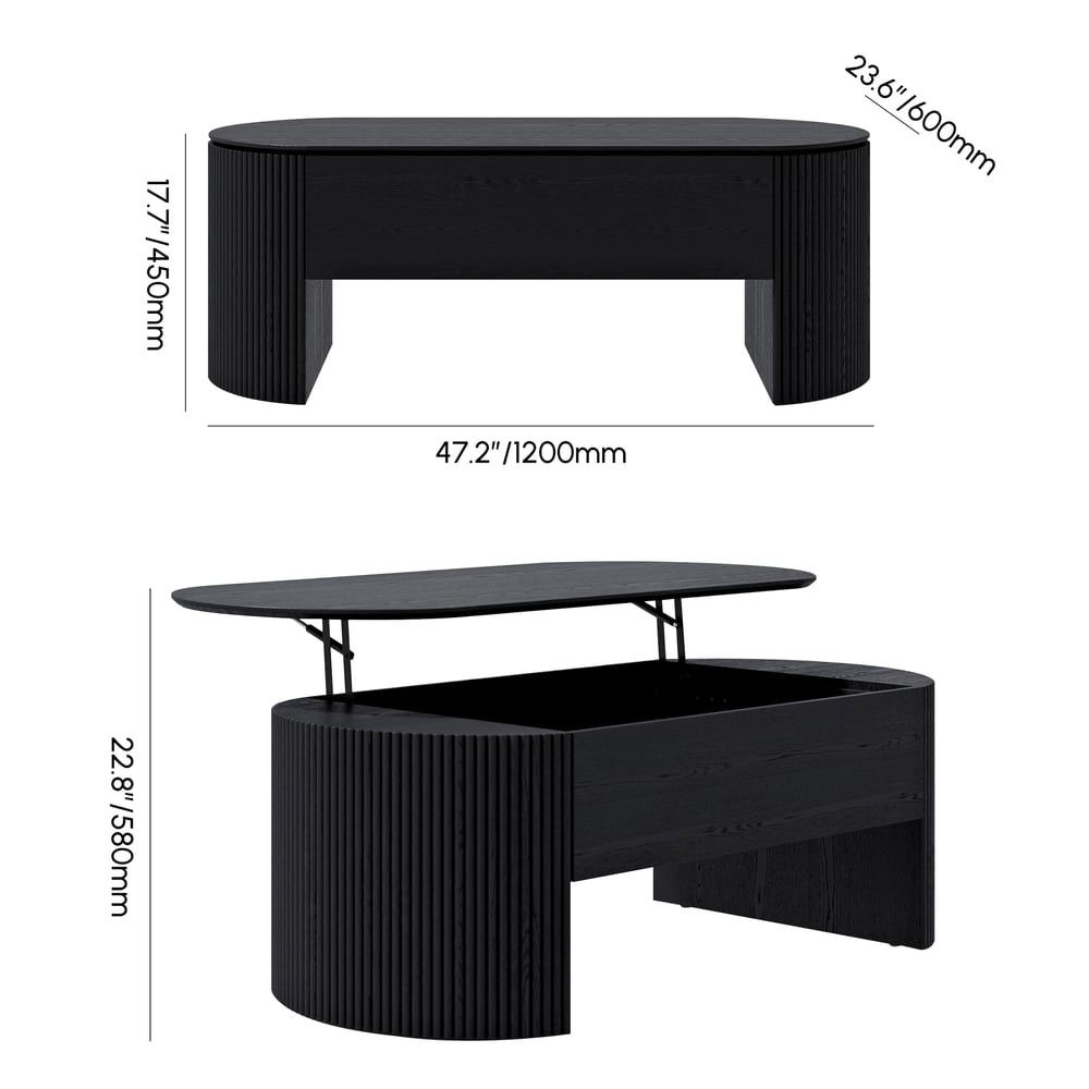 Table basse ovale noire moderne du milieu du siècle avec plateau relevable de 1200 mm Poids, dimensions, image