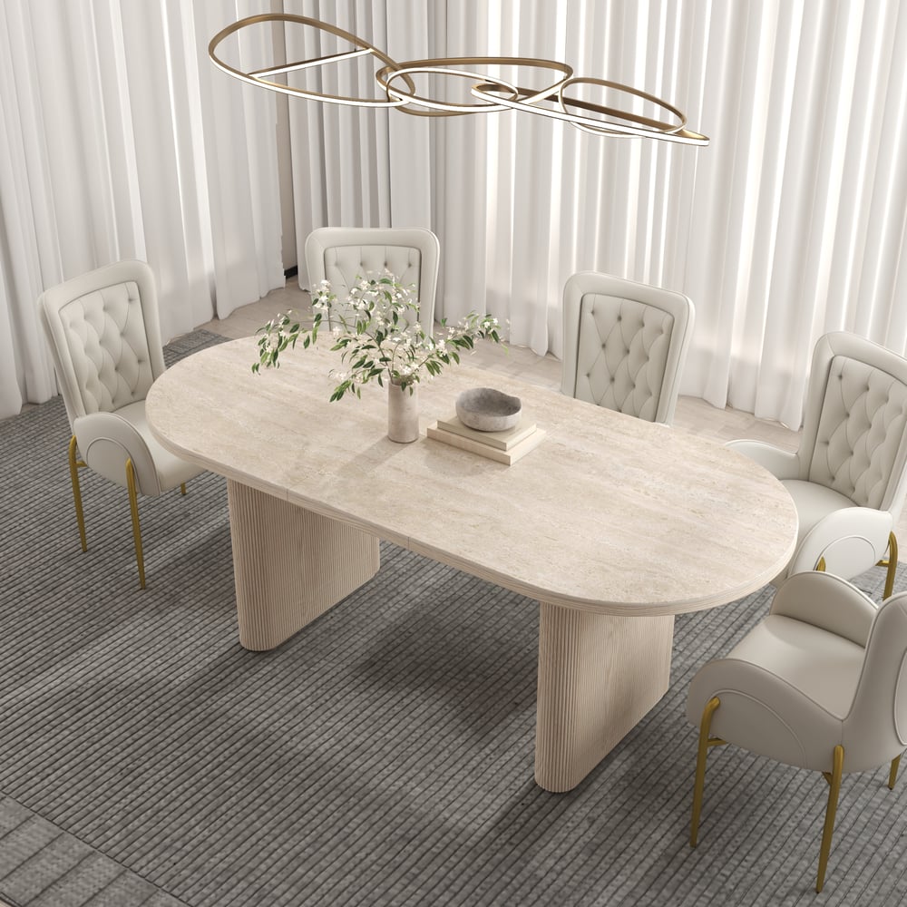 79''-95'' Oval Extendable Sintered Stone Top Dining Table Matte Travertine Seats 6-10 window image