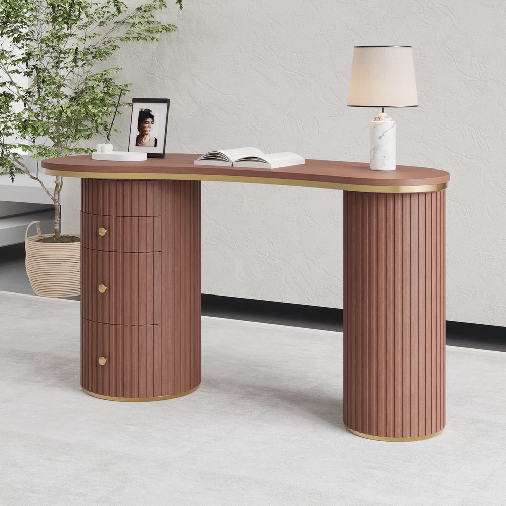 Bureau incurvé moderne en noyer de 1400 mm, 3 tiroirs, bureau à domicile en bois, double piédestal image de fenêtre