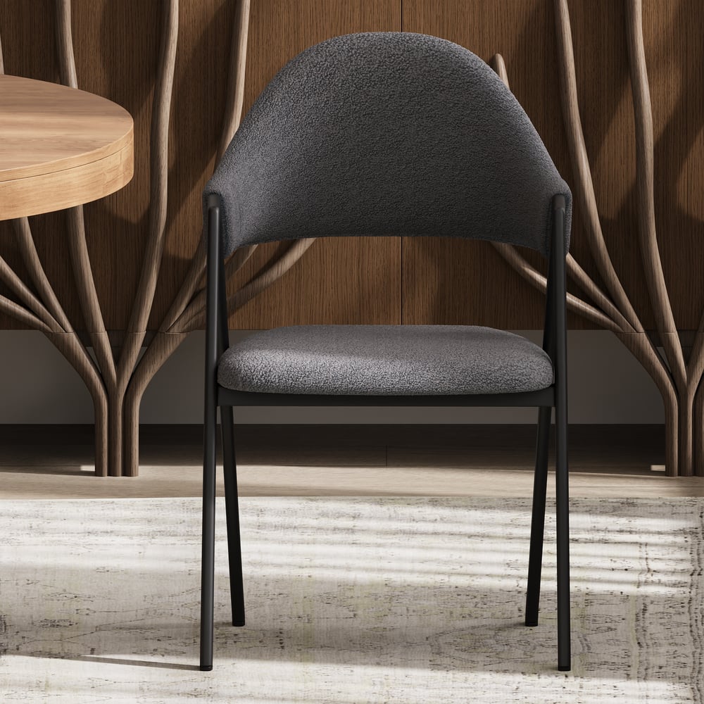 White Boucle Upholstered Dining Chairs Curved Grey Chair Set of 2 window image