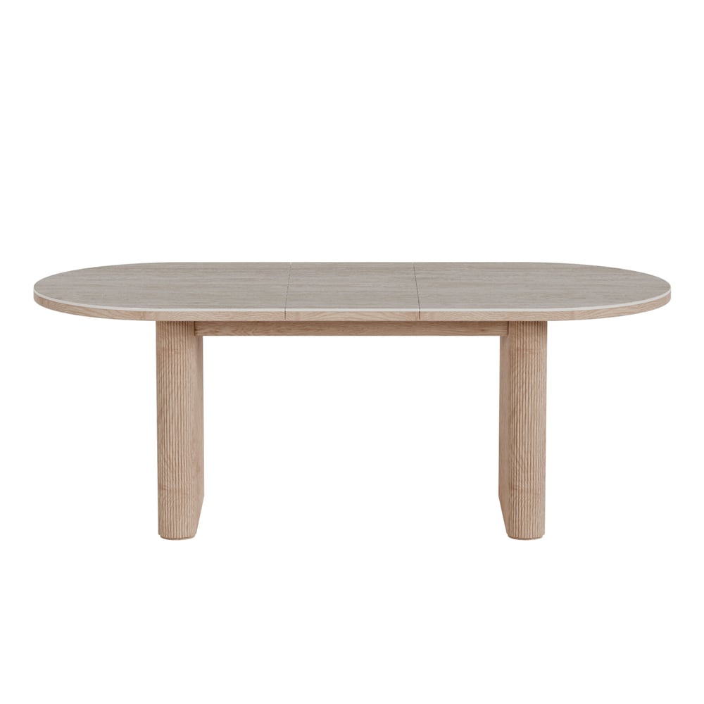 Mesa de jantar oval extensível com tampo de pedra sinterizada de 79 “a 95" Assentos de travertino fosco 6-10 Imagem da janela