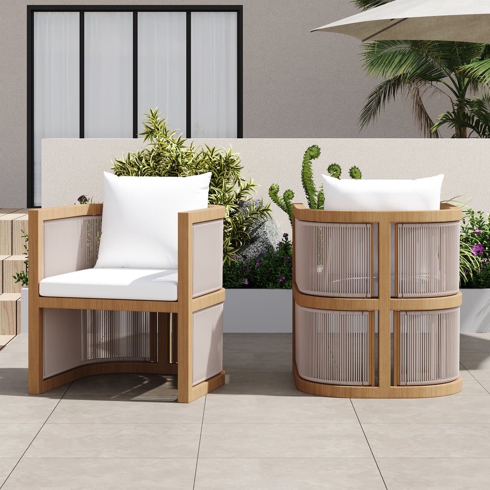 2 Pieces Modern Aluminum & Ropes Outdoor Patio Dining Chair Set in Walnut & Oatmeal window image