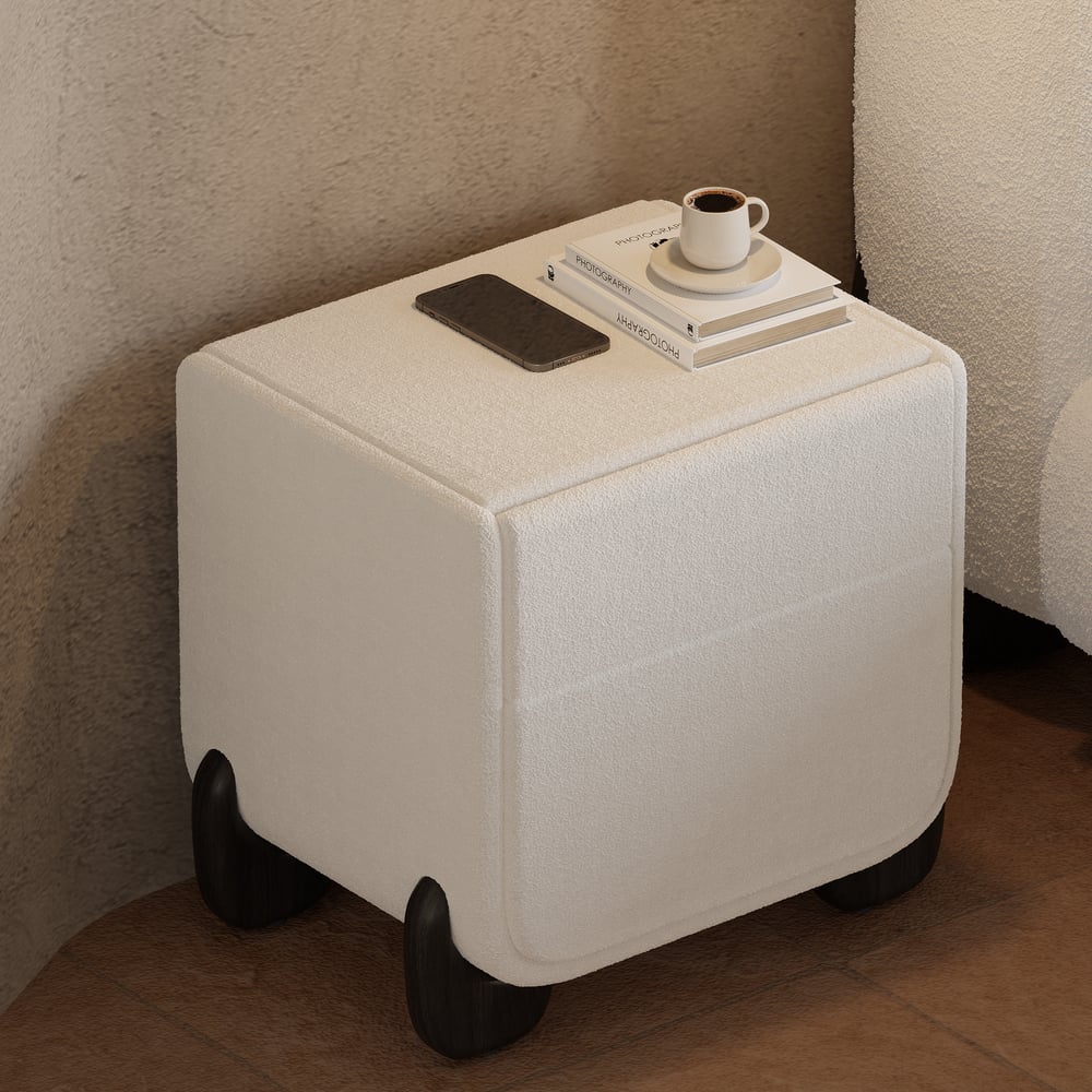 Curva 2-Drawer Smart Boucle Nightstand with Walnut Wood Legs window image