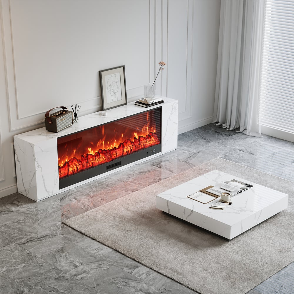 87" Sintered Stone Electric Fireplace TV Stand & Coffee Table Set window image