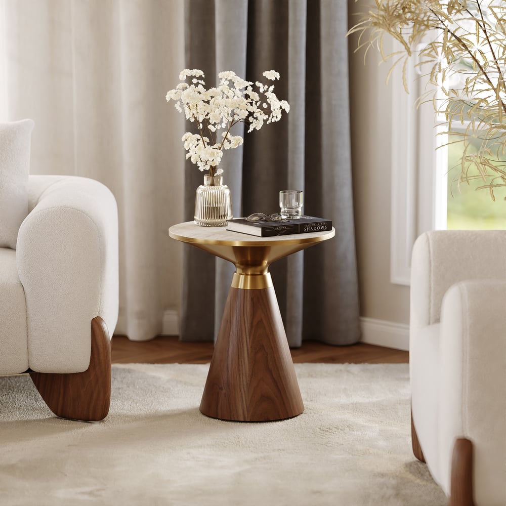 Round Walnut End Table with Travertine Top window image