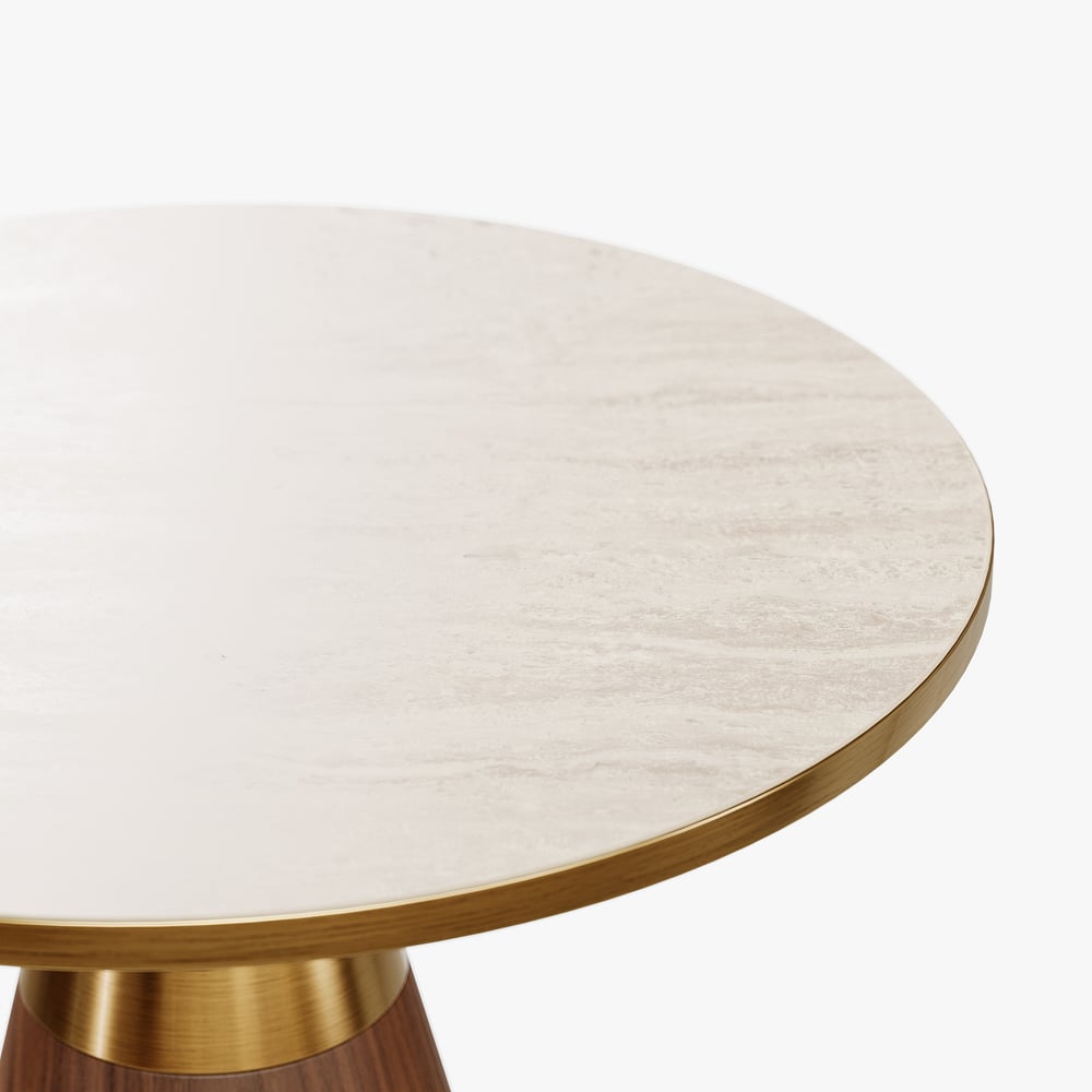 Round Walnut End Table with Travertine Top window image