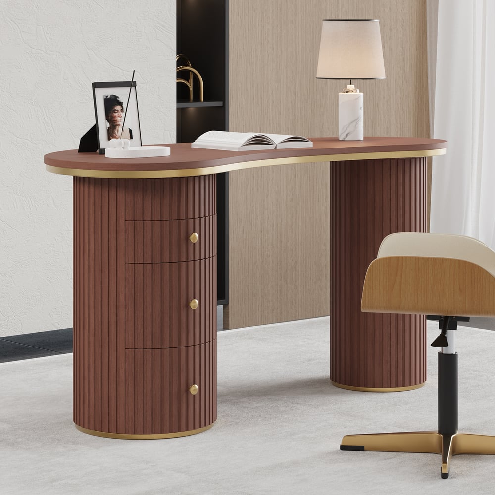 Bureau incurvé moderne en noyer de 1400 mm, 3 tiroirs, bureau à domicile en bois, double piédestal image de fenêtre