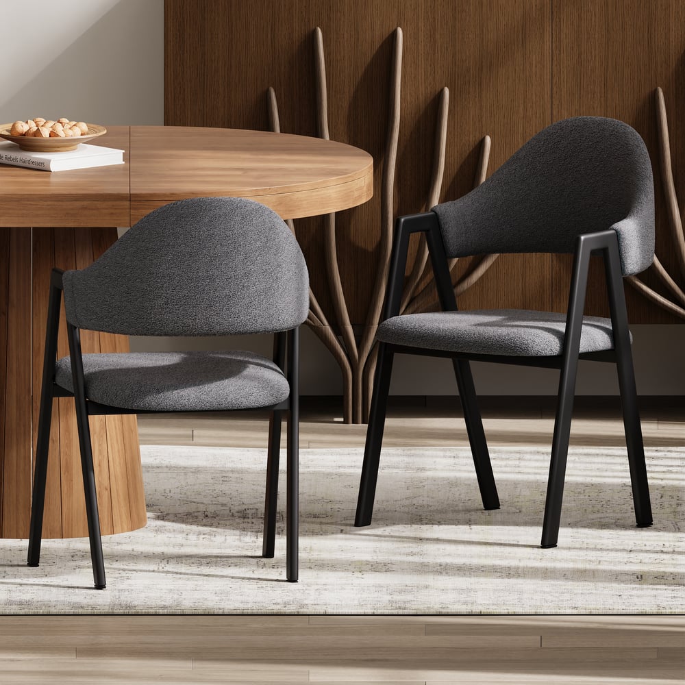 White Boucle Upholstered Dining Chairs Curved Grey Chair Set of 2 window image