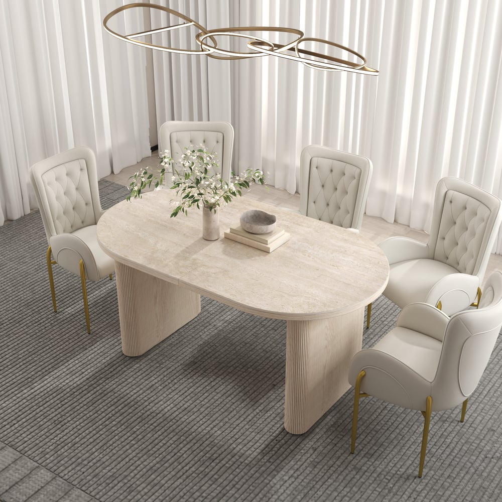 79''-95'' Oval Extendable Sintered Stone Top Dining Table Matte Travertine Seats 6-10 window image