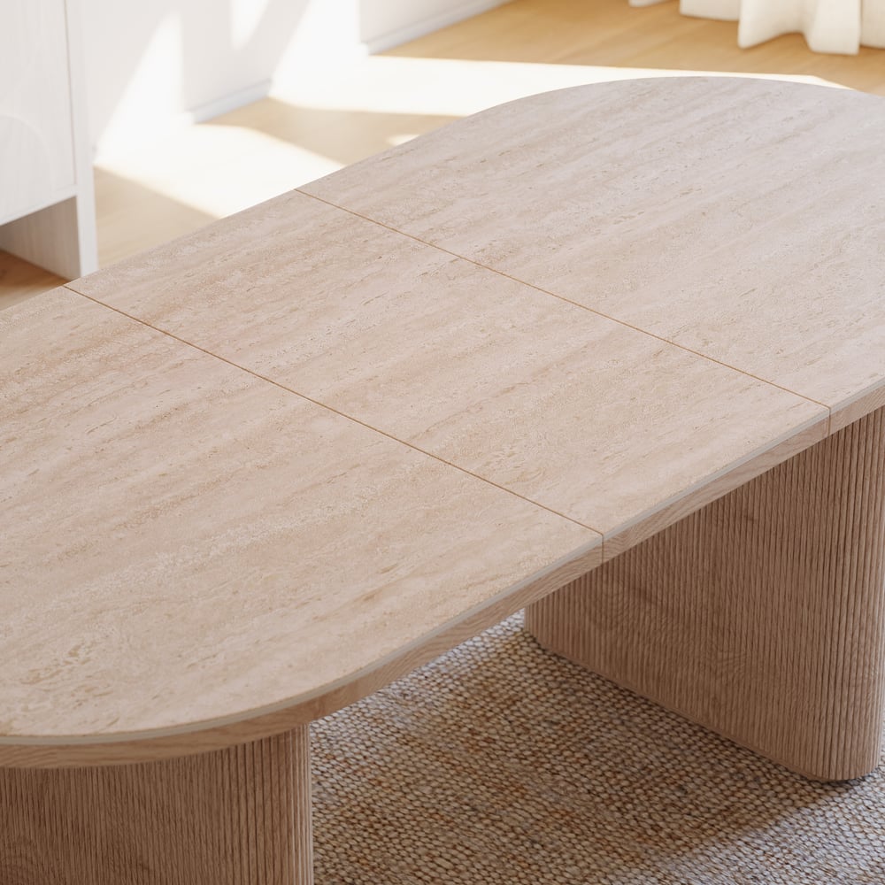 Mesa de jantar oval extensível com tampo de pedra sinterizada de 79 “a 95" Assentos de travertino fosco 6-10 Imagem da janela