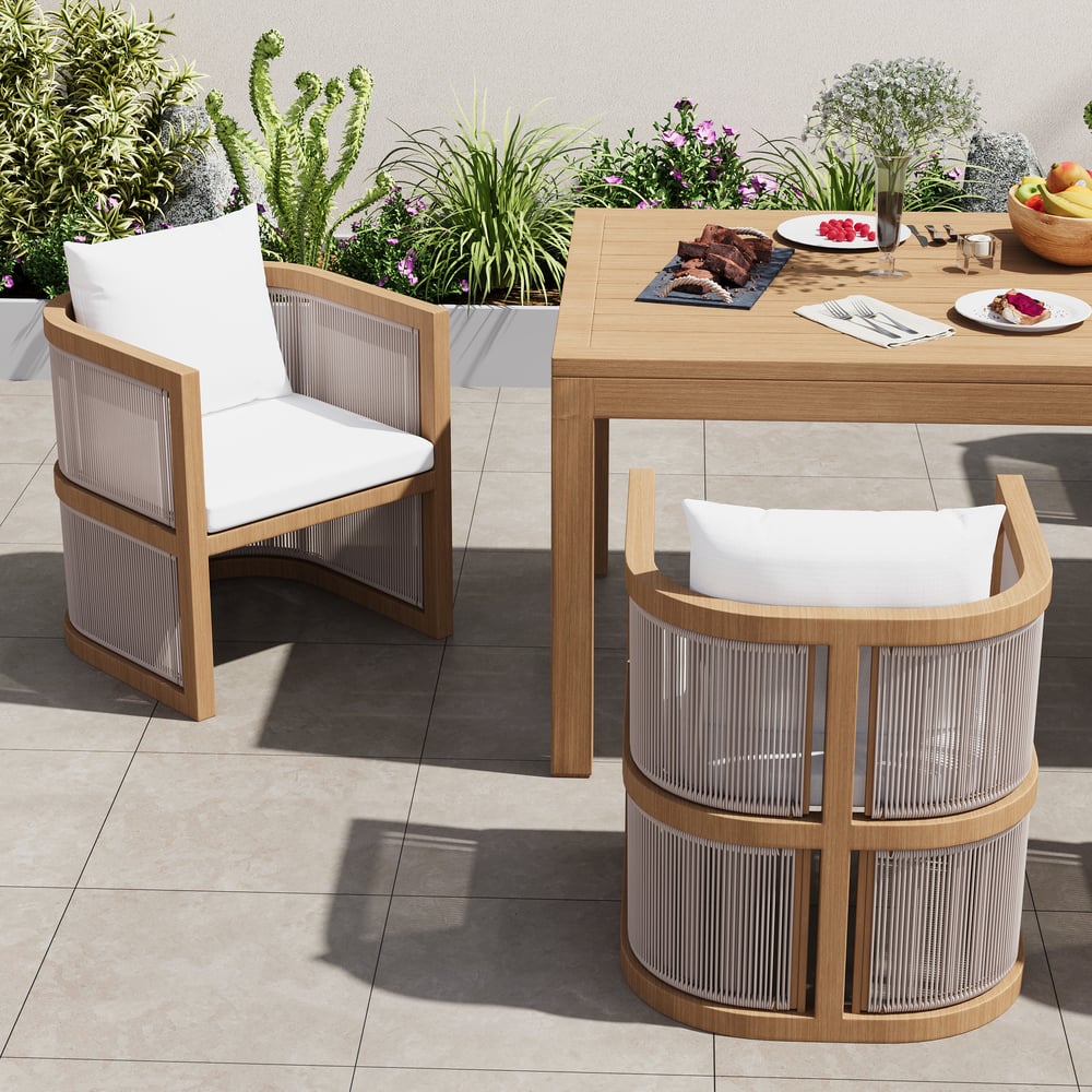 2 Pieces Modern Aluminum & Ropes Outdoor Patio Dining Chair Set in Walnut & Oatmeal window image