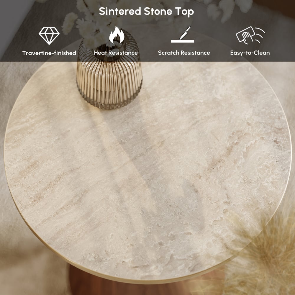 Round Walnut End Table with Travertine Top window image