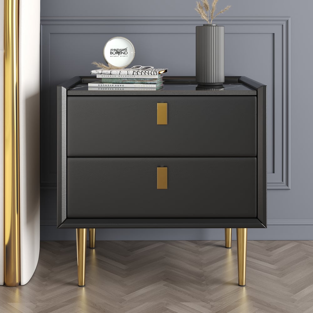Sintered Stone Top 2-Drawer Leather Nightstand  Set of 2 window image