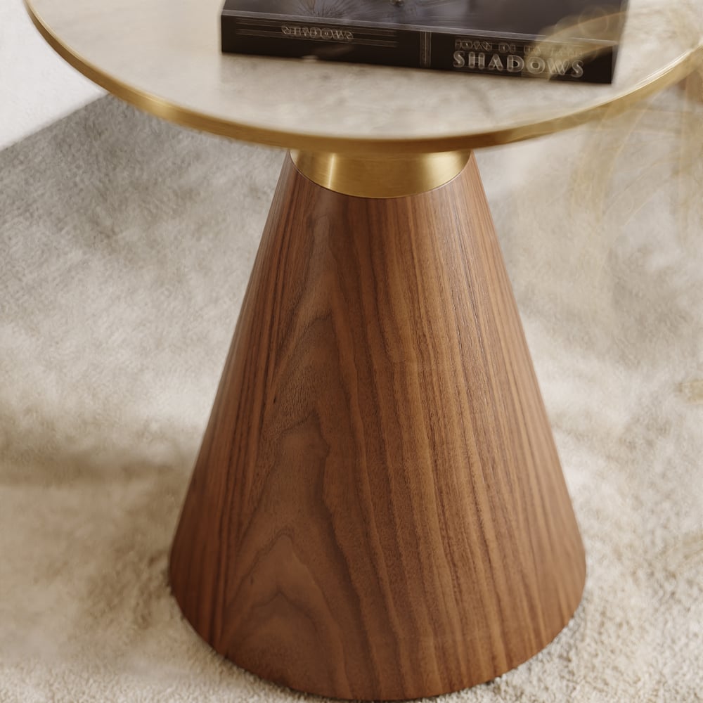 Round Walnut End Table with Travertine Top window image