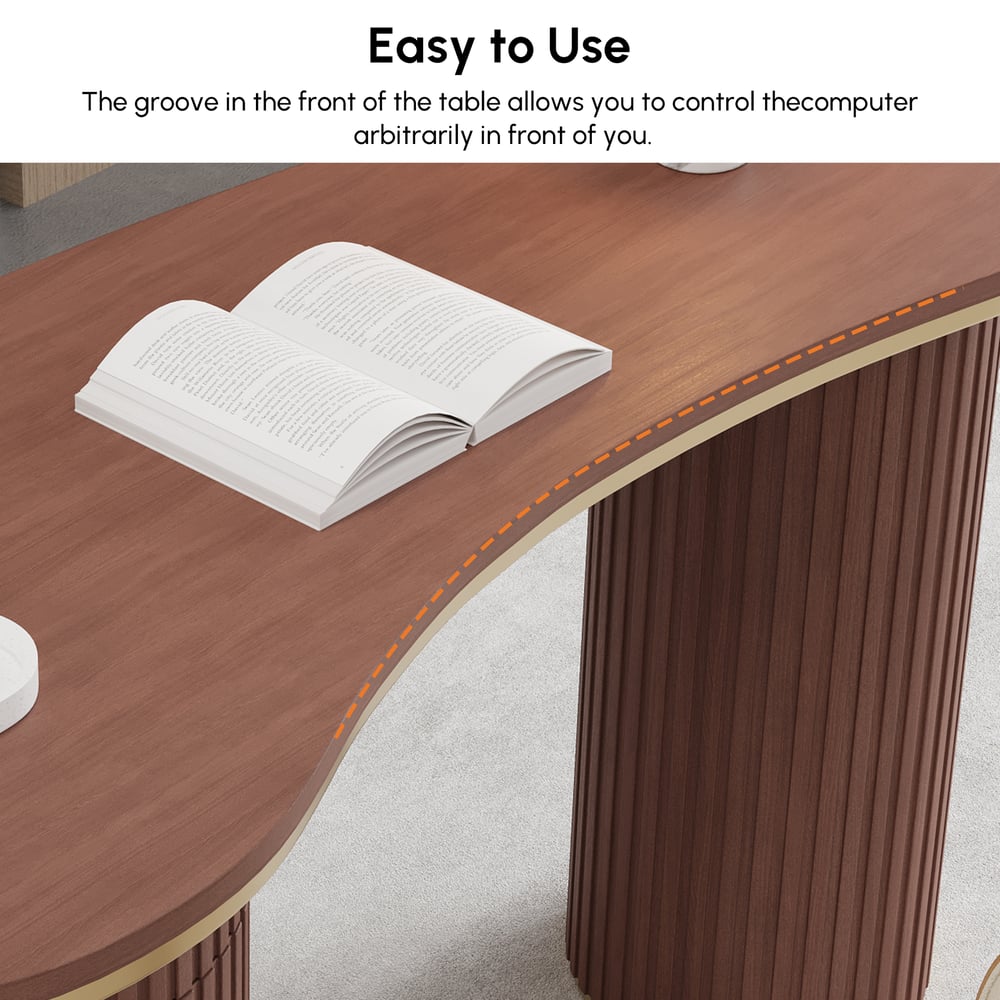 Bureau incurvé moderne en noyer de 1400 mm, 3 tiroirs, bureau à domicile en bois, double piédestal image de fenêtre