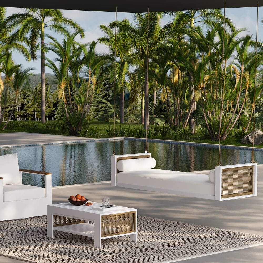 Espreguiçadeira giratória de jardim ao ar livre com almofada Imagem da janela