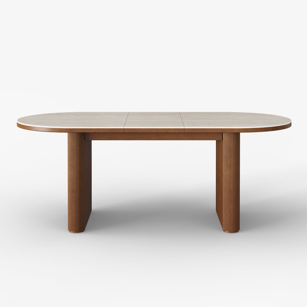 Mesa de jantar oval extensível com tampo de pedra sinterizada de 79 “a 95" Assentos de travertino fosco 6-10 Imagem da janela