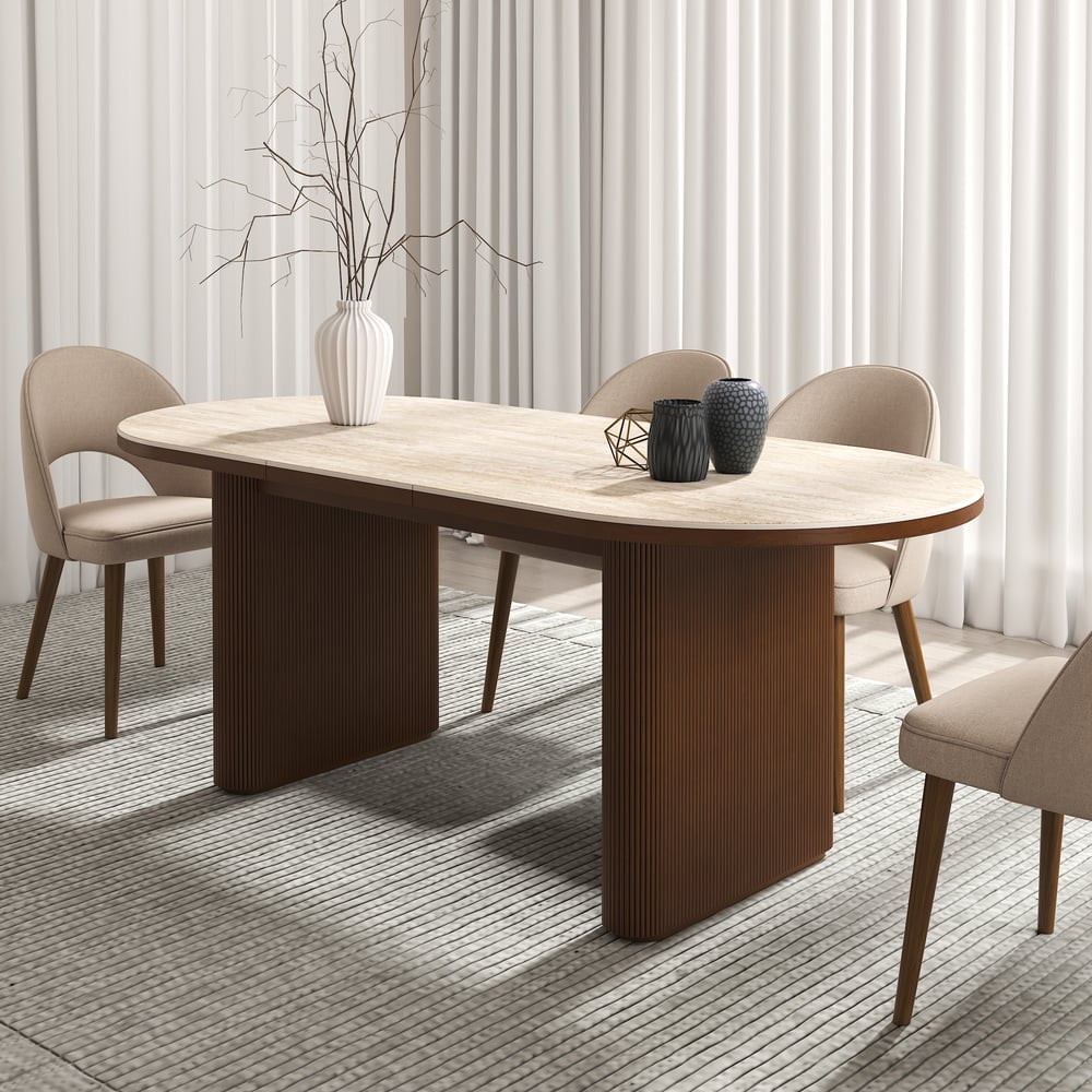 Mesa de jantar oval extensível com tampo de pedra sinterizada de 79 “a 95" Assentos de travertino fosco 6-10 Imagem da janela