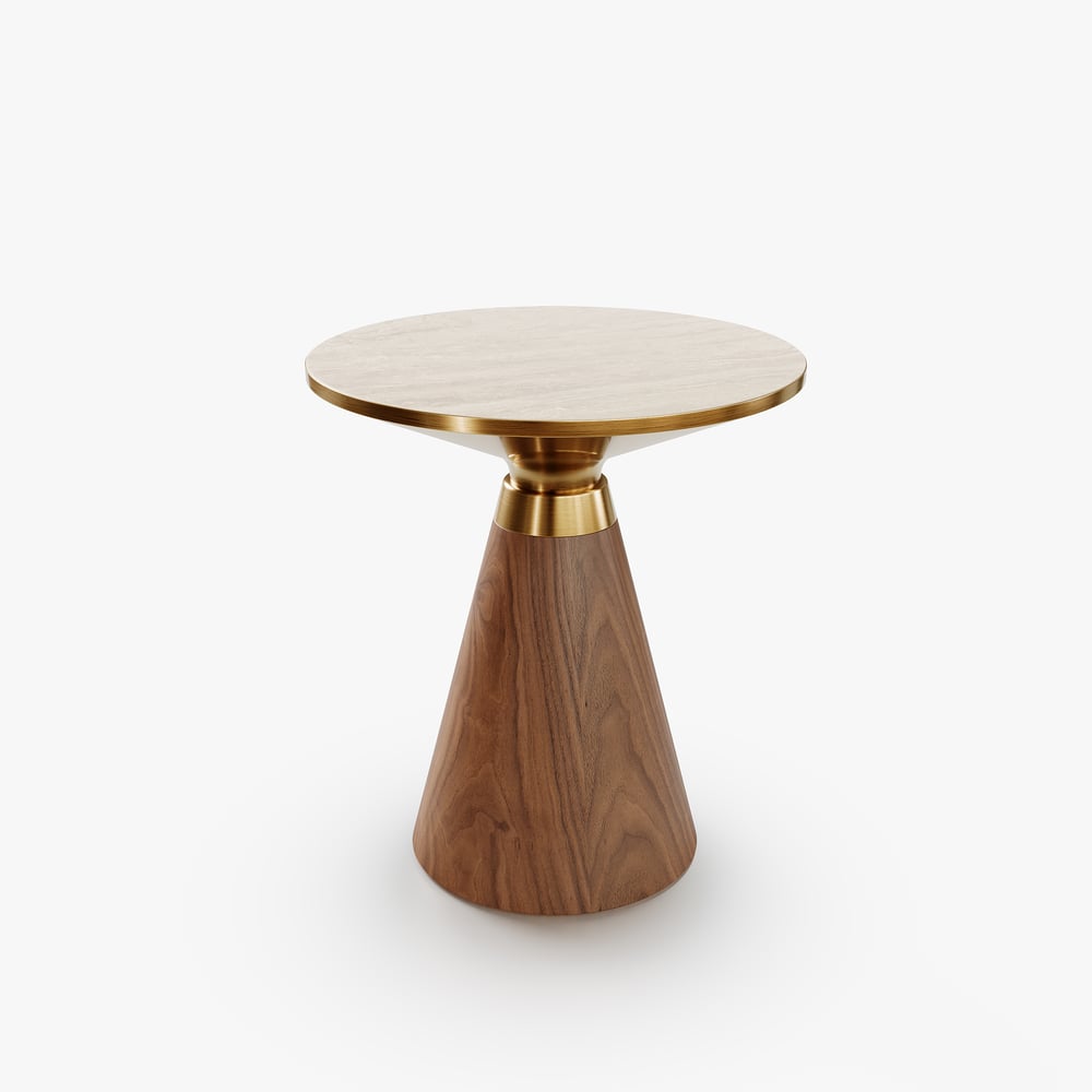 Round Walnut End Table with Travertine Top window image