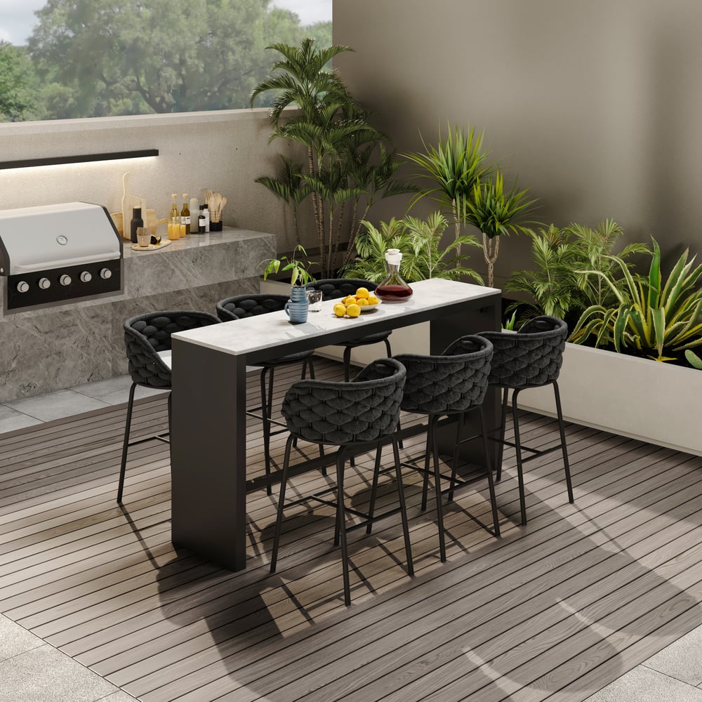Ensemble de table de bar rectangulaire en pierre frittée de 1800 mm, 7 pièces, pour terrasse extérieure image de fenêtre